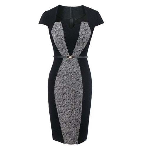 2018 Summer Women Retro Contrast Patchwork Belt Wear to Work Business vestidos Office Bodycon Pencil Female One Piece Dress Suit