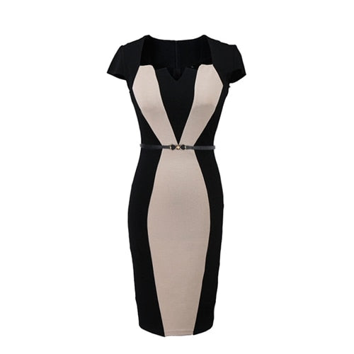 2018 Summer Women Retro Contrast Patchwork Belt Wear to Work Business vestidos Office Bodycon Pencil Female One Piece Dress Suit