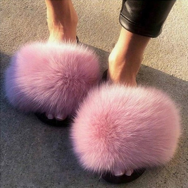 2020 Women Furry Slippers Ladies Shoes Cute Plush Fox Hair Fluffy Sandals