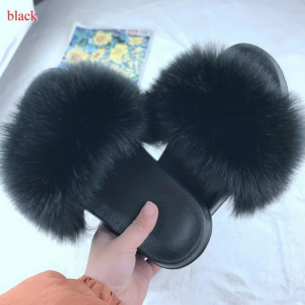 2020 Women Furry Slippers Ladies Shoes Cute Plush Fox Hair Fluffy Sandals