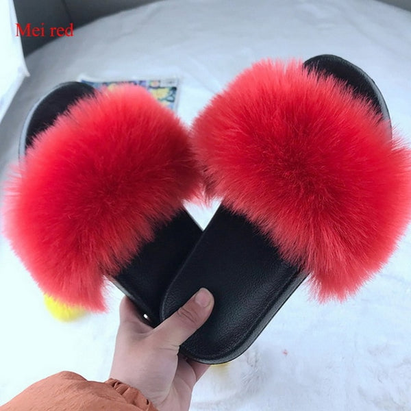 2020 Women Furry Slippers Ladies Shoes Cute Plush Fox Hair Fluffy Sandals