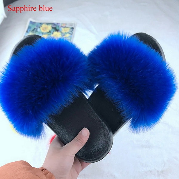 2020 Women Furry Slippers Ladies Shoes Cute Plush Fox Hair Fluffy Sandals