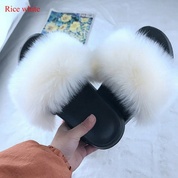 2020 Women Furry Slippers Ladies Shoes Cute Plush Fox Hair Fluffy Sandals