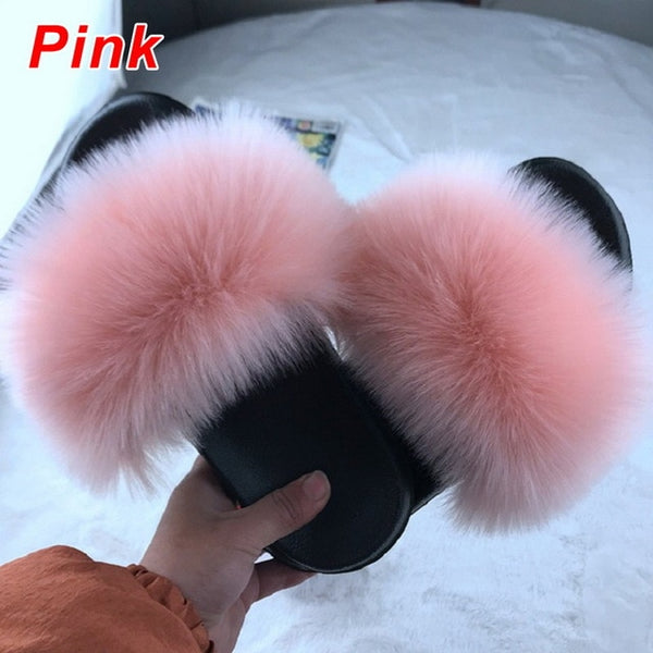 2020 Women Furry Slippers Ladies Shoes Cute Plush Fox Hair Fluffy Sandals