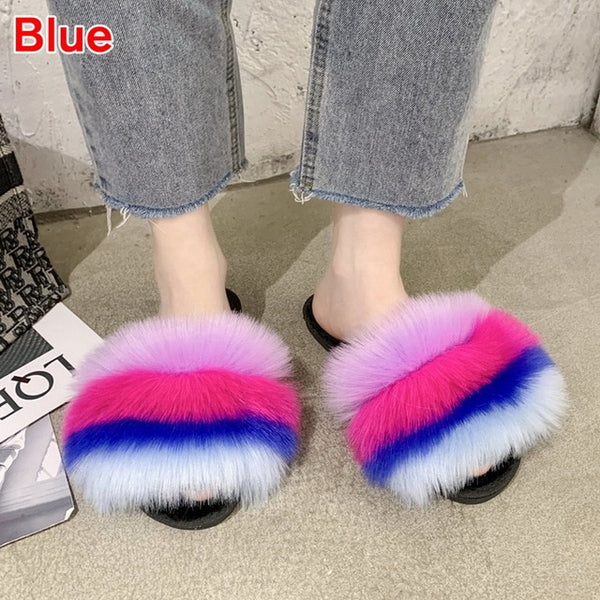 2020 Women Furry Slippers Ladies Shoes Cute Plush Fox Hair Fluffy Sandals
