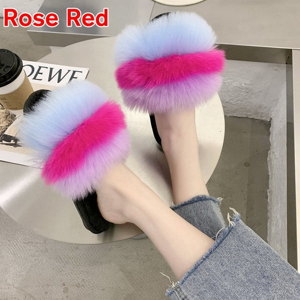 2020 Women Furry Slippers Ladies Shoes Cute Plush Fox Hair Fluffy Sandals