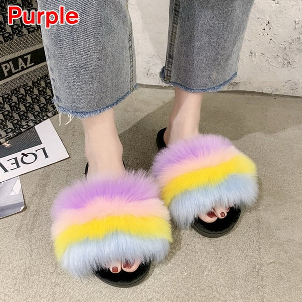 2020 Women Furry Slippers Ladies Shoes Cute Plush Fox Hair Fluffy Sandals