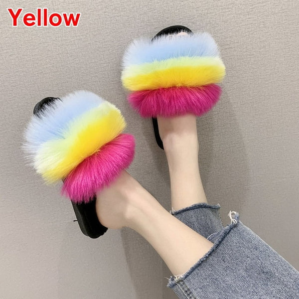 2020 Women Furry Slippers Ladies Shoes Cute Plush Fox Hair Fluffy Sandals