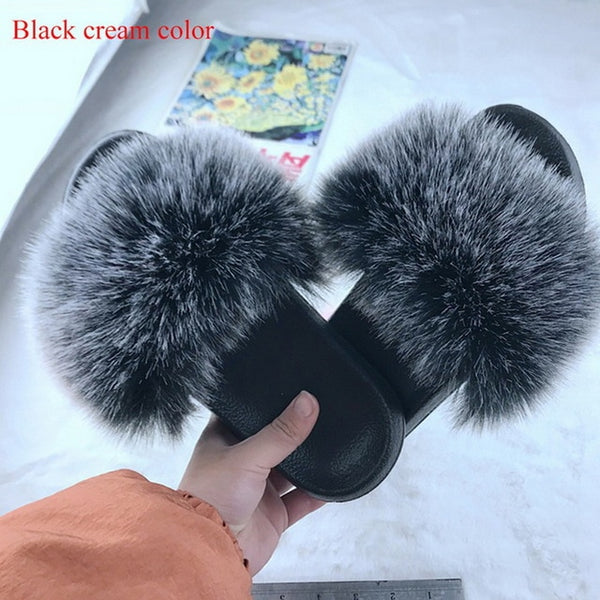 2020 Women Furry Slippers Ladies Shoes Cute Plush Fox Hair Fluffy Sandals
