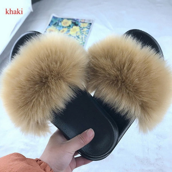 2020 Women Furry Slippers Ladies Shoes Cute Plush Fox Hair Fluffy Sandals