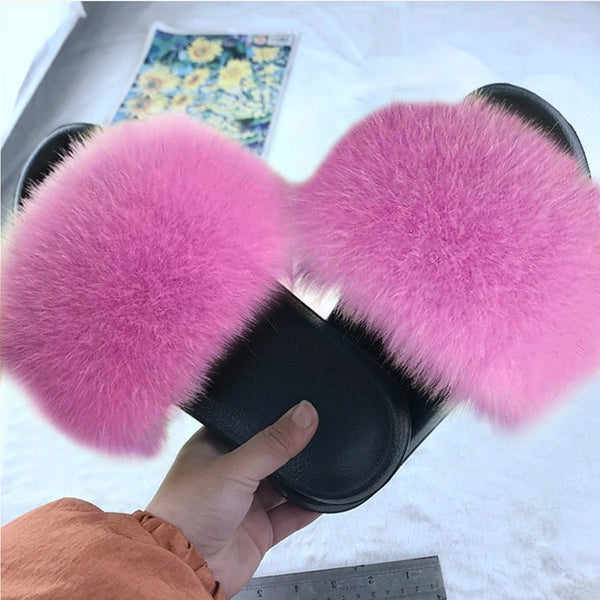 2020 Women Furry Slippers Ladies Shoes Cute Plush Fox Hair Fluffy Sandals