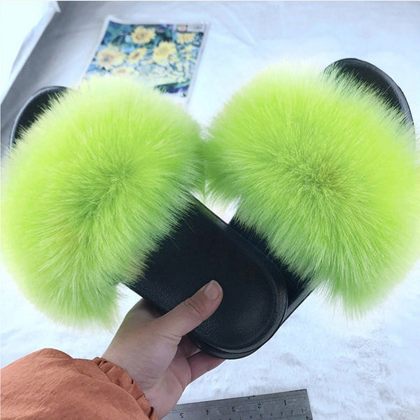 2020 Women Furry Slippers Ladies Shoes Cute Plush Fox Hair Fluffy Sandals