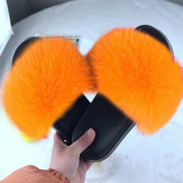 2020 Women Furry Slippers Ladies Shoes Cute Plush Fox Hair Fluffy Sandals